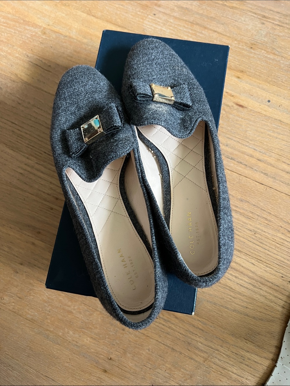 Cole Haan Dark Gray Tali Bow Wool Loafers with Gold Accent